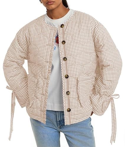 Tankaneo Womens Cropped Quilted Puffer Jackets Lightweight Plaid Button Down Bow Padded Down Coat thumbnail 4