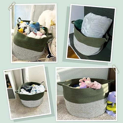 INDRSSME Large Laundry Storage Basket, 21.7 x13. 8 - Decorative Rope Blanket Basket for Organizing Bedroom, Living Room, Nursery, Toy Storage for Colthes Towel, Empty Gift Baskets -Green thumbnail 4