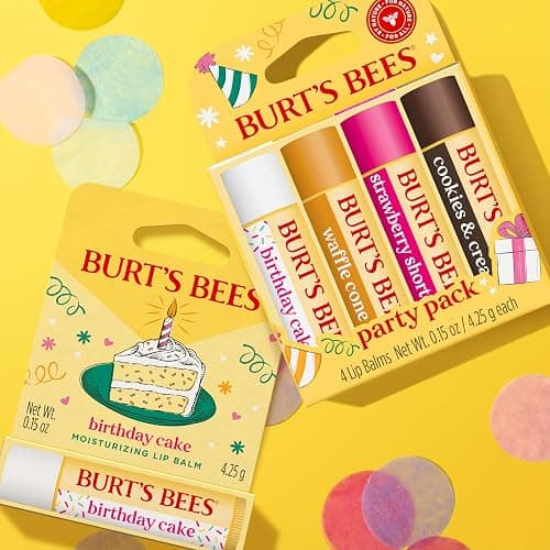 Burt's Bees Lip Balm Party Pack, Birthday Cake, Waffle Cone, Strawberry Shortcake, and Cookies & Cream, All Day Moisturizer, Tint-Free, Natural Origin Conditioning Lip Treatment, 0.15 oz., Four Tubes thumbnail 5