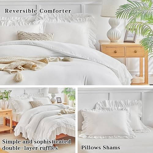 White Ruffle Comforter Set King Size, 3 Pieces Vintage Farmhouse Shabby Chic Comforters, Solid Color Lightweight Soft Fluffy Bedding Sets for All Season (1 Ruffled Comforter + 2 Pillow Shams) thumbnail 5