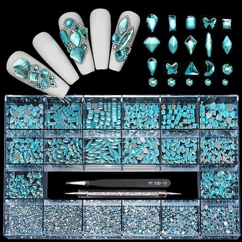 Yzzseven 14 Types of 700 Lake Blue Diamonds + 2100 Flat Rhinestones Mix 20 Styles Flatback DIY Crafts Rhinestone Crystals 3D Ornament‌s Flat Back Stones Set + Tweezers + Drill Pen - Image 1