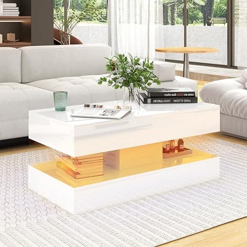 Verano Garden Modern High Gloss LED Coffee Table with Storage, 2-Tier Center Table with Open Display Shelf & 2 Sliding Drawers, Rectangle Coffee Tables for Living Room, Bedroom thumbnail 7
