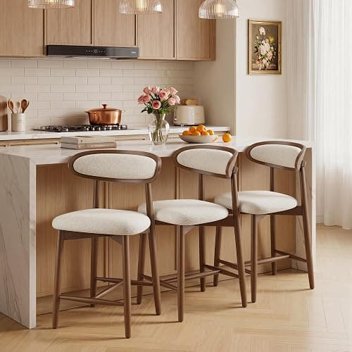 smartue Wooden Barstools Set of 3, Upholstered Counter Height Chairs, 24.8” Counter Height Stools with Ergonomic Backrest & Premium Fabric, Beige - Image 1