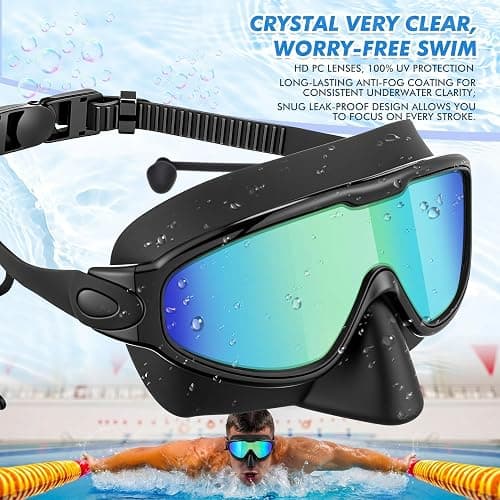 Kanayu Swim Goggles with Nose Cover Earplug for Adult Wide View Anti Fog UV Swim Goggles No Leaking Diving Mask for Men Women thumbnail 7