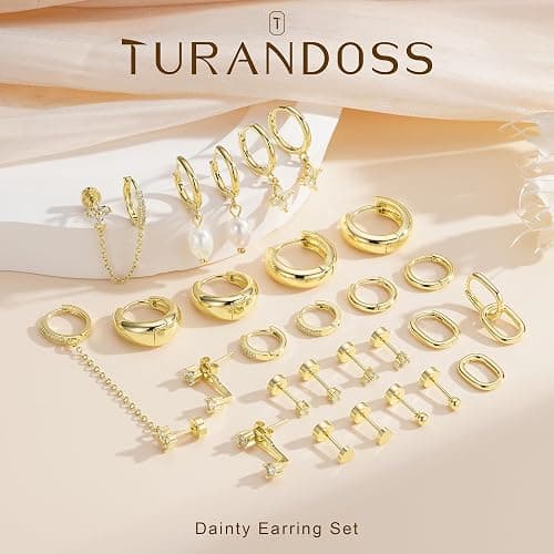 Turandoss 13 Pairs Gold Hoop Earrings for Women, Hypoallergenic 14K Gold Plated Hoop Stud Huggie Pearl Earring Set, Dainty Flat Back Cartilage Earring Stacks for Multiple Piercings thumbnail 6