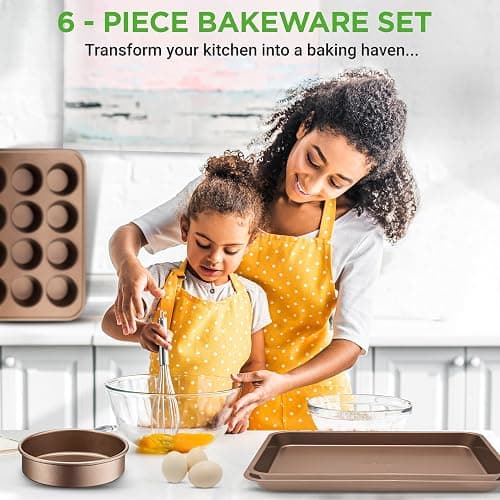 NutriChef 6-Piece Nonstick Bakeware Set, Carbon Steel Baking Pans Set, Includes Cookie Sheets, Wide & Square Bake Pans, Bread Loaf & Round Cake Pan, Muffin Pan - Gold thumbnail 3