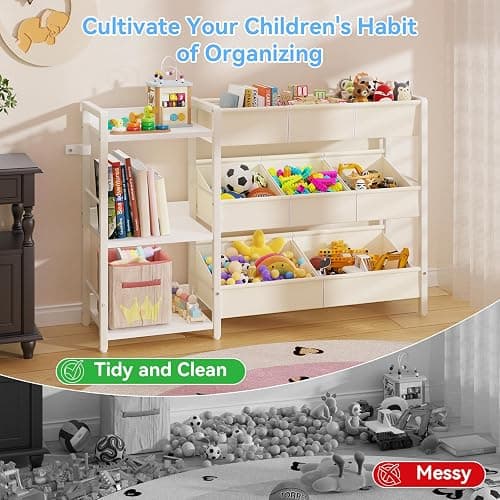 CYXPHION B7 Toy Storage Organizer with 3-Tier Wooden Shelves and 8 Bins, Toy Chest Storage, Toy Shelf Organizer, Kids Bookshelf and Toy Storage for Kids Room, Bedroom, Playroom, Nursery, White thumbnail 6