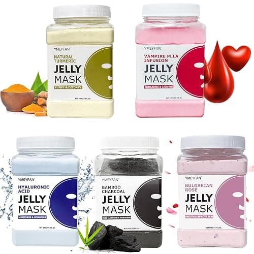 YMEYFAN 5 Jar Jelly Mask Powder for Facial Mask Professional Bundle (Turmeric, Vampire, Hyaluronic Acid, Charcoal Powder, Rose Petal) - Image 1
