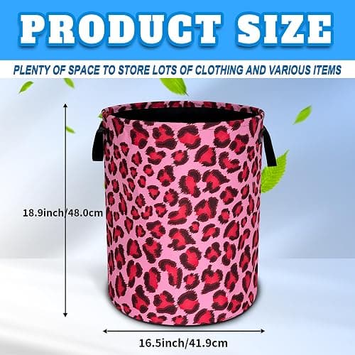 Pink Leopard Skin Laundry Basket Foldable Oxford Cloth Hamper 18.9x16.5 In | With Handle Large-Capacity Portable Clothes Storage Basket For Bathrooms, Laundry Rooms, Bedrooms，Living Rooms thumbnail 3