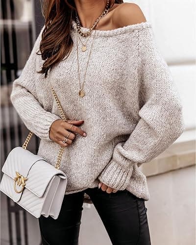 BTFBM Women Casual Long Sleeve Fall Sweaters Off The Shoulder Sweater | Crew Neck, Solid Color, Soft, Cozy, Ribbed Knitted, Oversized Sweater, Chunky Pullover,Fall Outfits,Loose Fit Jumper thumbnail 2