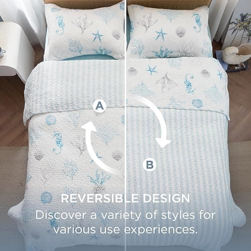 Bedsure Coastal Bedding Quilts Queen Size - Lightweight Summer Comforter Queen Size, Reversible Beach Bedding Nautical Bedspread, Soft Microfiber Blue & White Coverlet for All-Season(90"x96") thumbnail 5