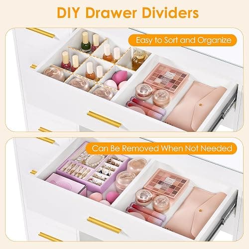 ANWBROAD 49.2" Large Vanity Desk with Mirror and Lights White Makeup Vanity Desk with Glass Top and Power Outlet 8 Drawers Nightstand 5 Hooks Vanity Table with Stool for Bedroom Women Girls UBDT88W thumbnail 8