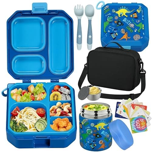 wiwens Bento Lunch Box for Kids with 12oz Soup Thermo Leak-Proof Lunch Food Container with 5 Compartment Thermo Hot Food Jar and Insulated Lunch Bag for Kid Toddler Girls Boys to School - Image 1