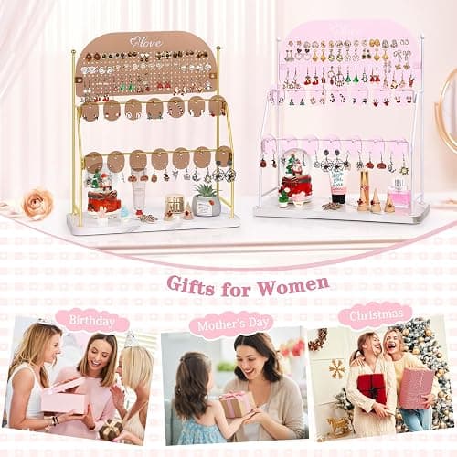 Keebofly Acrylic Earring Organizer Stand with 14 Hooks - Pink | Cute Earring Holder for Girls & Teens, Jewelry Display with 300 Holes & 14 Hooks, Vanity Desk Decor thumbnail 5