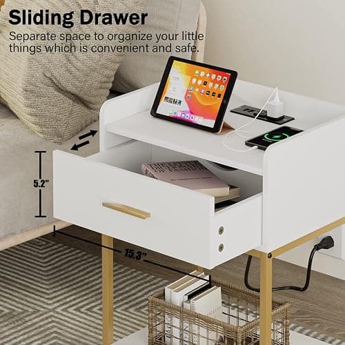Masupu Nightstand with Charging Station,3-Tier Modern Bedside Night Stand with Storage Drawer and Shelf,Small End Side Table for Bedroom,Living Room,White thumbnail 6