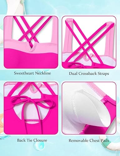 Shallmu Girls One Piece Swimsuits Color Block Dual Crossback Straps with Cover Up Skirt Girl's Swimwear 9-16Y thumbnail 5
