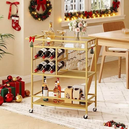 MAHANCRIS Bar Cart for Home, 3-Tier Serving Cart with Wheels and Handle, Beverage Cart with Wine Rack and Glass Holders, Rolling Wine Cart for Kitchen, Dining Room, Gold RCJ61B01 thumbnail 2