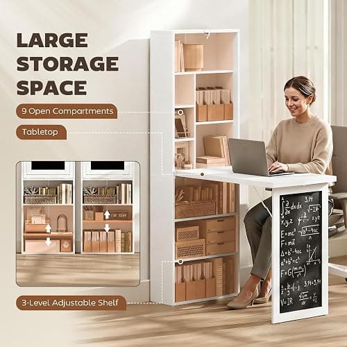 HOMCOM Foldable Convertible Writing Table, Wall Mounted Space-Saving Computer Desk with Chalkboard and Storage Shelves for Small Spaces, Home Office, Bedroom, Dorm, Apartment, White thumbnail 5