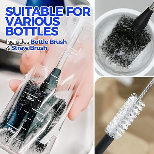 Holikme Bottle Brush Cleaner Set, 14" Long Handle Stainless Steel Bottle Cleaner Brush, 3 Straw Cleaner Brush, Bottle Cleaning Brush for Water Bottle, Cups, Abrasive Wheel Brushes, Straws Black thumbnail 4