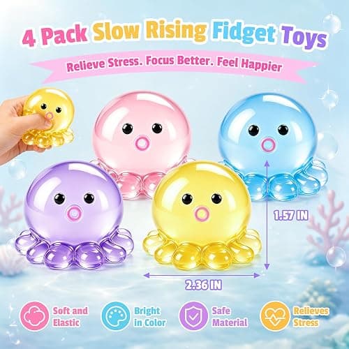 4 Pack Octopus Squishy Stress Balls Slow Rising Anxiety Relief Toys Cute Soft Squeeze Toys for Classroom Prize Birthday Party Favors thumbnail 2