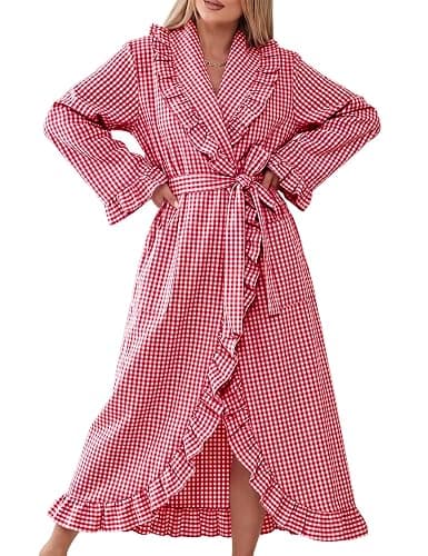 Gihuo Cotton Robes for Women Gingham Long Sleeve Ruffle Trim Bathrobe | Womens Robes Lightweight, Summer Robe, Plaid Bathrobe, Loungewear Sleepwear, Checkered Ruffle Housecoat - Image 1