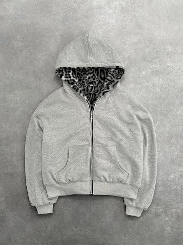 CUTEGAL Zip Up Hoodie Oversized Leopard Print Jacket Reversible Streetwear Fall Grunge Hoodies Streetwear thumbnail 2