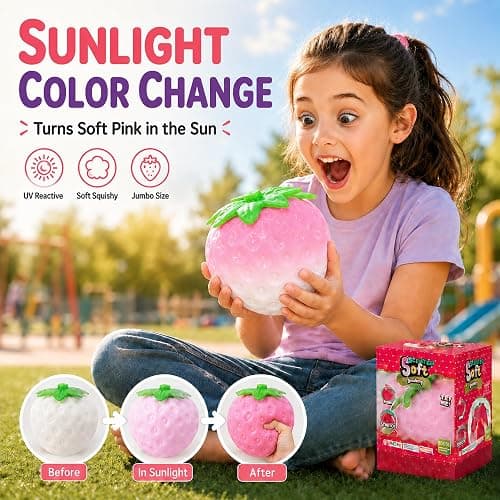 Jumbo Strawberry Squishy,Color Changing Sunlight Activated Squeeze Toy Gift | 5.1in Giant Strawberry Fidget Sensory Toy,White to Pink Color-Changing Slow Rising Fruit Squishy Stress Ball for Party Favors thumbnail 3