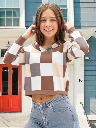 Seiciviy Girls Crop Tops Kids Hoodies Cute Plaid Color Block Shirts Long Sleeve Cropped Casual Pullover Fashion Sweatshirts thumbnail 3