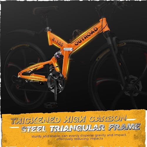 Outroad 26 Inch Folding Mountain Bike, 21 Speed Full Suspension High-Carbon Steel MTB Foldable Bicycle, Dual Disc Brake Non-Slip Folding Bikes for Adults/Men/Women, Black, Orange and Green thumbnail 7