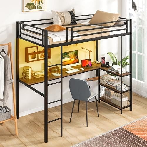 Giantex Twin Size Loft Bed with L Shape Desk, Metal Loft Bed with LED Lights, Charging Station & 2 Storage Shelves, Loft Bed Frame for Teens Adults Juniors w/Safety Guardrail, No Box Spring Needed thumbnail 2