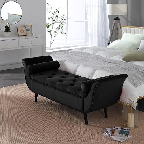 Hdxdkog Storage Bench for Bedroom End of Bed, 65" Velvet Upholstered Rolled Armed Button Tufted Stool Bench, Storage Ottoman Long Bench with with 2 Pillows for Entryway (Black) thumbnail 8