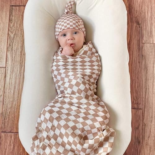 LifeTree Muslin Swaddle Blankets Neutral, Baby Swaddling Wrap Nursery Blanket for Boys & Girls Unisex, Soft 70% Viscose from Bamboo and 30% Cotton, Large 47 x 47 inches, Bear & Checkered Coffee thumbnail 5
