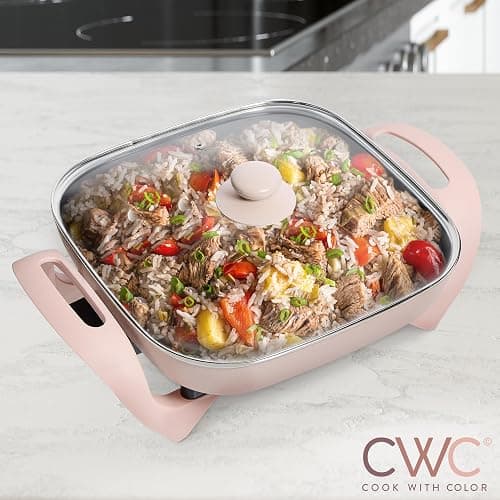 COOK WITH COLOR Electric Skillet - 12" x 12" Ceramic Nonstick Pan, PFAS-Free, 1400W, Tempered Glass Lid, Variable Temperature, Removable Heating Probe, Cool-Touch Handles, Blush thumbnail 2