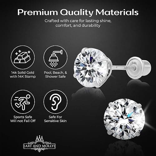 Art and Molly 14K Solitaire Gold Earring Solid 14-Karat Round Cubic Zirconia Stud Earrings with Screw-Back, CZ Studs with Gift-Ready Box thumbnail 2
