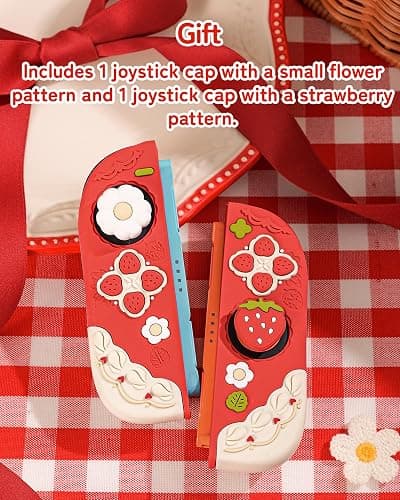 GeekShare Strawberries with Cream Case Compatible with Switch 2, Slim Separable Soft Silicone Protective Shell with 2 Thumb Grip Caps -- Red thumbnail 6