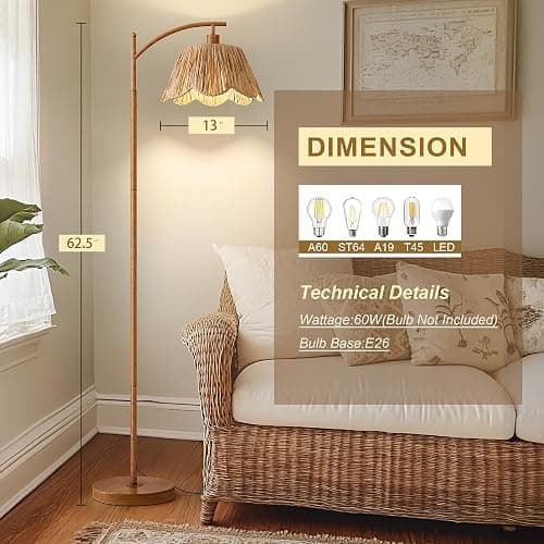Oneach Rattan Floor Lamp for Bedroom, Boho Floor Lamp with Foot Switch, Farmhouse Standing Lamps for Living Room with Hand-Woven Shade, Walnut Metal Base & Pole thumbnail 3