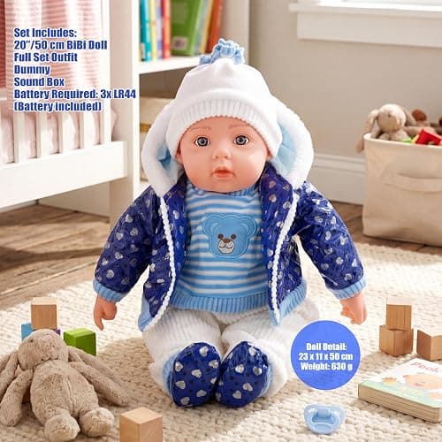 BiBi Doll 20" Baby Boy Doll - Large Lifelike Size, Soft Body, with Dummy & Sounds in Blue Coat Outfit, Toy for Boys & Girls Aged 18 Months+ thumbnail 4
