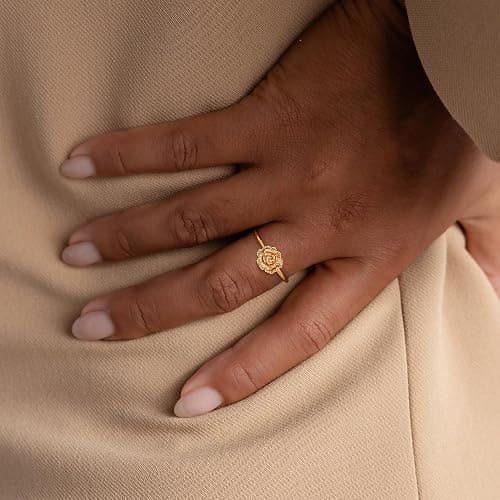 LADYGD Birth Flower Stacking Ring for Women | 14K Gold Plated Brass, 12 Engraved Floral Motifs, Slim Stack-Ready Band, Available in US Sizes 5-9 thumbnail 3