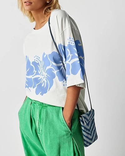 Anoumcy Cotton Oversized Hibiscus Tee Shirt for Women Floral Graphic Hawaiian T Shirts Casual Summer Vacation Loose Tops thumbnail 2