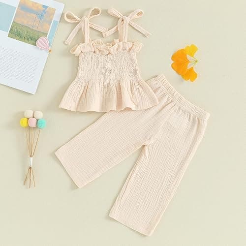 VISGOGO Infant Baby Toddler Girls Clothes Solid Color Sleeveless Camisole Linen Pants Set Baby Summer Outfits thumbnail 2