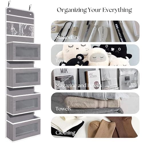 Giraffe Creation Over Door Organizer with 4 Large Capacity Pockets, Hanging Organizer Storage for Closet Bathroom Nursery Bedroom Dorm, Toys Cosmetics Sundries and Baby Essentials, Gray thumbnail 5