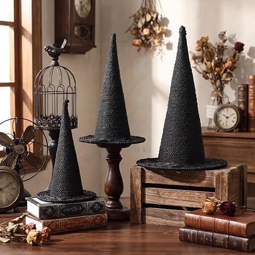 Beeveer 3 Pcs Halloween Rattan Witch Hat Decor, 14/12.2/10.2 Inch Handcrafted Black Rope Wizard Hats, 3D Rustic Farmhouse Spooky Decorations for Home Fireplace Door Table - Image 1