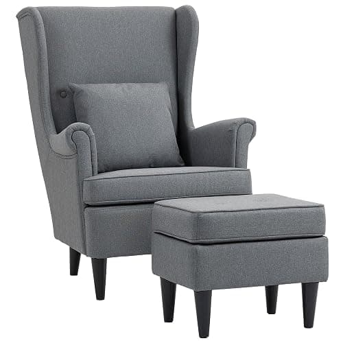 HOMCOM Poltrona Relax con Pouf Poggiapiedi, Cuscino e Schienale Alto, Poltroncina Camera da Letto in Tessuto Trapuntato con Gambe in Legno e Braccioli per Salotto e Soggiorno, 75x83x104 cm, Grigio - Image 1