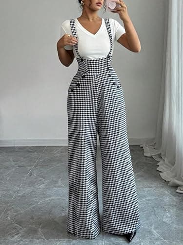 Milumia Women's Houndstooth Overalls Wide Leg Jumpsuit Suspender Pants | One Piece Jumpsuits, With Pockets, Baggy, Sleeveless, Going Out Outfits, Spring Fall, Plaid Romper thumbnail 4