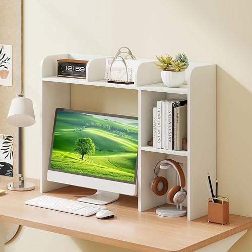 Tangkula Desktop Bookshelf, Countertop Storage Hutch with 5 Shelves for Computer Desk, Desk 3-Tier Display Rack, Multipurpose Wood Desktop Hutch Storage Organizer for Dorm Office Home thumbnail 4
