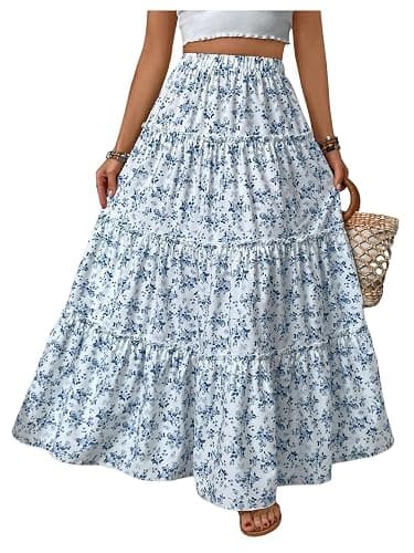 Floerns Girl's Floral Maxi Skirt Elastic Waist Tiered Ruffle Hem Summer A Line Skirts - Image 1