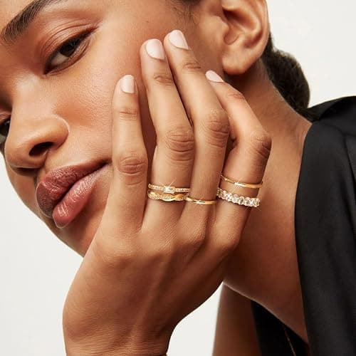 Sundurich Gold Stackable Rings for Women Non Tarnish,14K Gold Plated Minimalist Waterproof Thin Wedding Silver Stacking Band Ring Dainty Trendy Statement Rings Set Size 5-10 thumbnail 4