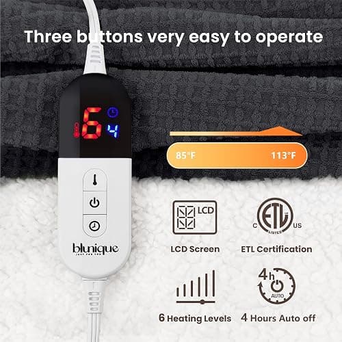 blunique Heated Blanket Electric Throw Waffle, 50x60 Inches Sherpa Fleece Fast Heating Blanket 6 Heating Levels & 4 Hours Auto Off ETL Certification,Charcoal Grey Throw thumbnail 5