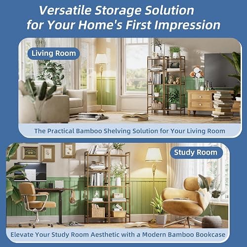 HITNET Bamboo Book Shelf, Tall Narrow Bookcase, Bathroom Shelving Unit 5 Tier Floor Standing Adjustable Bookshelf for Small Spaces, Walnut thumbnail 9