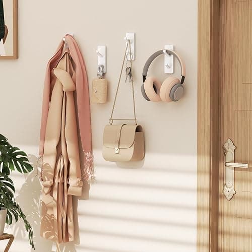 Self Adhesive Wall Hooks for Hanging: 13 LB Strong Hold, Sticky Hangers for Coat, Towels, Purse, Keys, Jacket, Bag - for Wall, Door, Bathroom, Shower, Kitchen - Stainless Metal, White, 4 Pack thumbnail 3